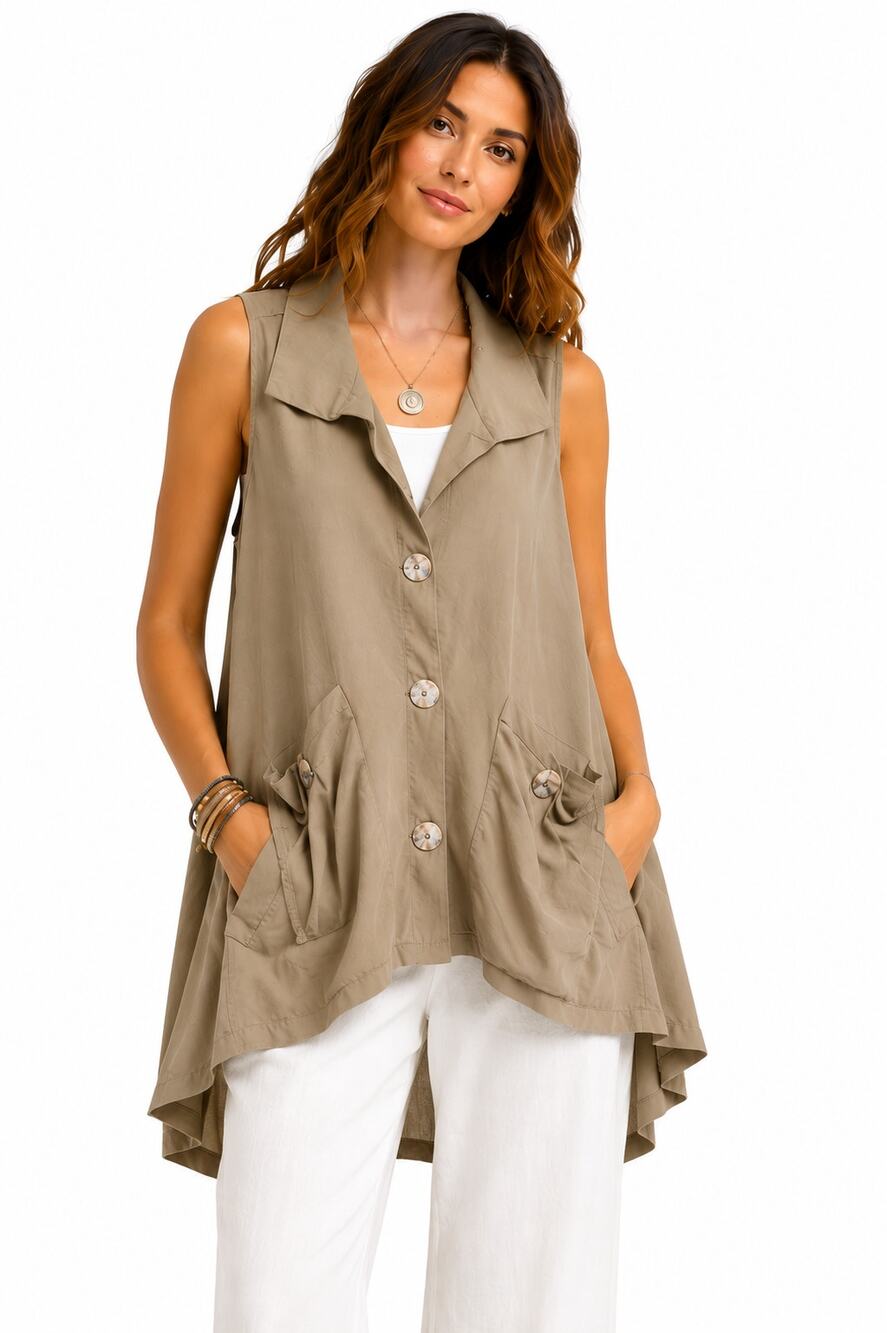 XiO Size Small Taupe Utility Vest Jacket Open Front Oversized Pockets Made USA